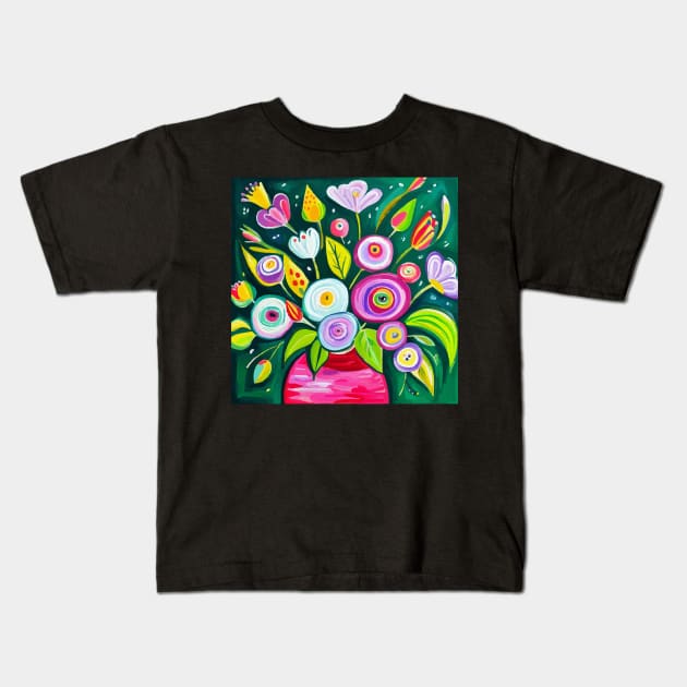 Cute Abstract Flowers in a Pink Vase Still Life Painting Kids T-Shirt by bragova